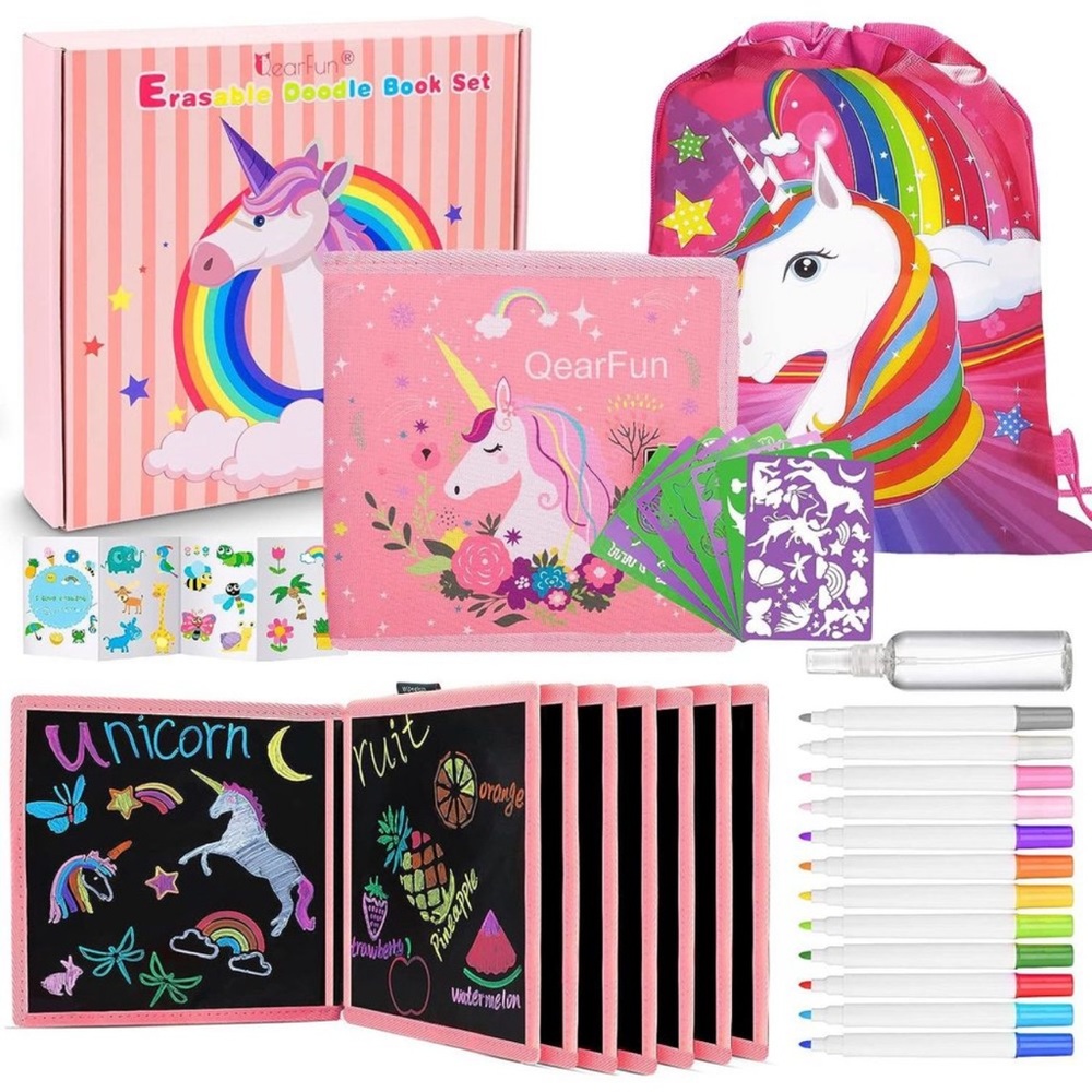 Kids Toddler Erasable Doodle Book Set with Markers & Stencils, Reusable Colorin